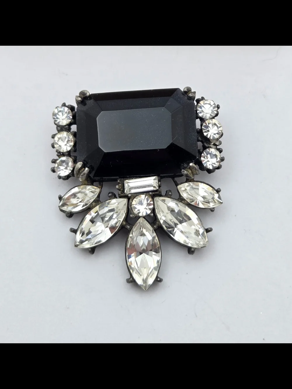 Vintage Black Glass Emerald Cut Rhinestone Brooch Pin Statement